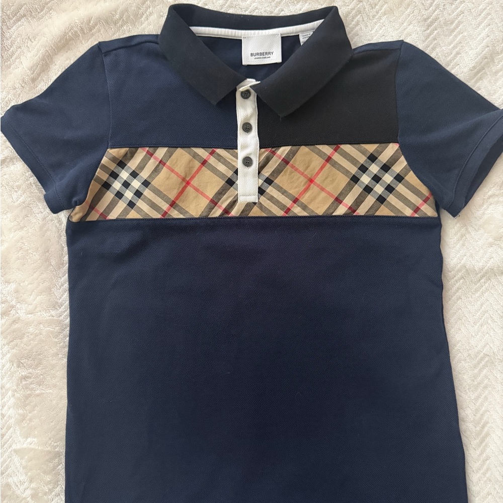 Burberry Kids Polo Shirt in Navy and Beige Check